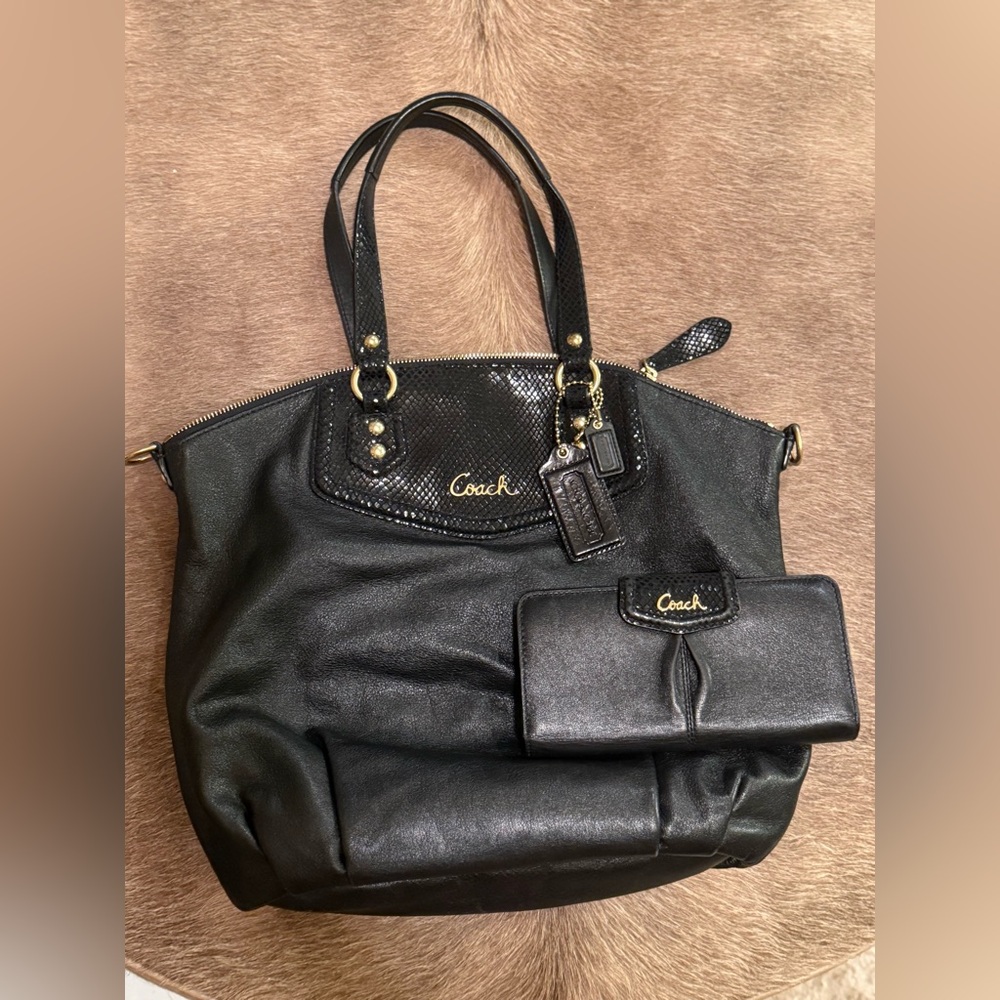 Coach Black Leather Tote & Wallet Set with Python Leather Accent